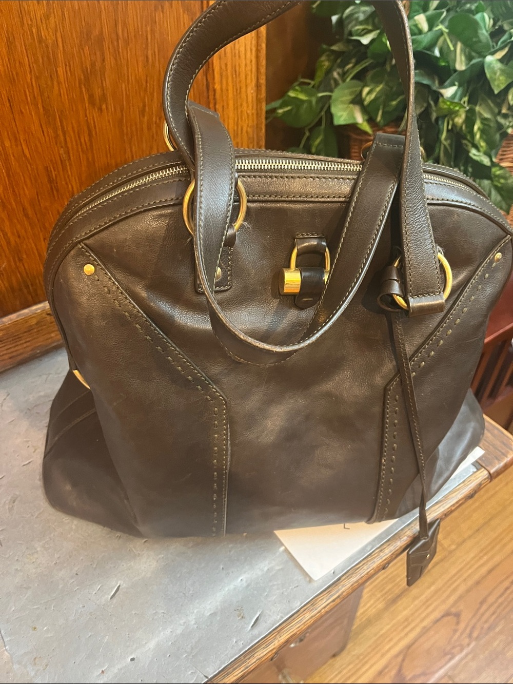 Yves Saint Laurent Brown Leather Dome Shoulder Bag with Gold Hardware